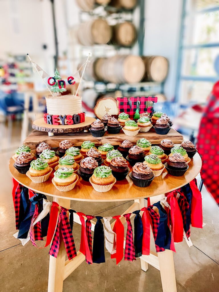 Lumberjack birthday party dessert table decor