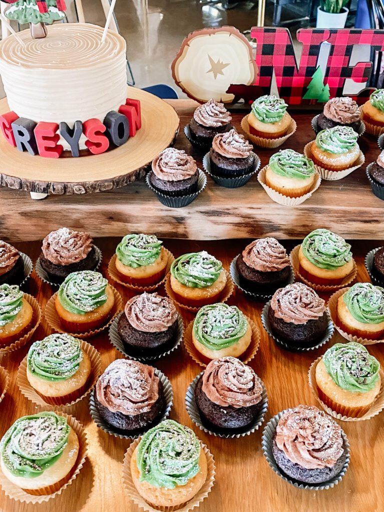 Lumberjack birthday party cupcakes and cake