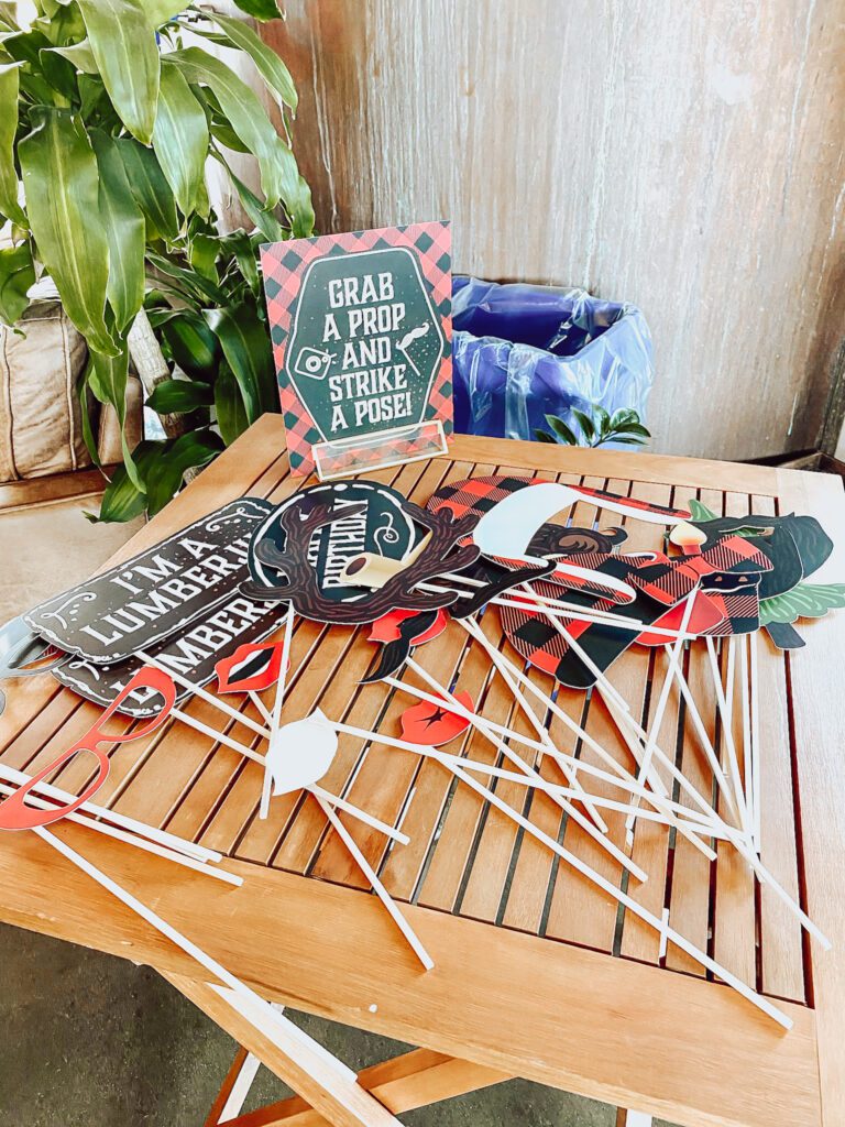 Lumberjack birthday party photo booth prop decor