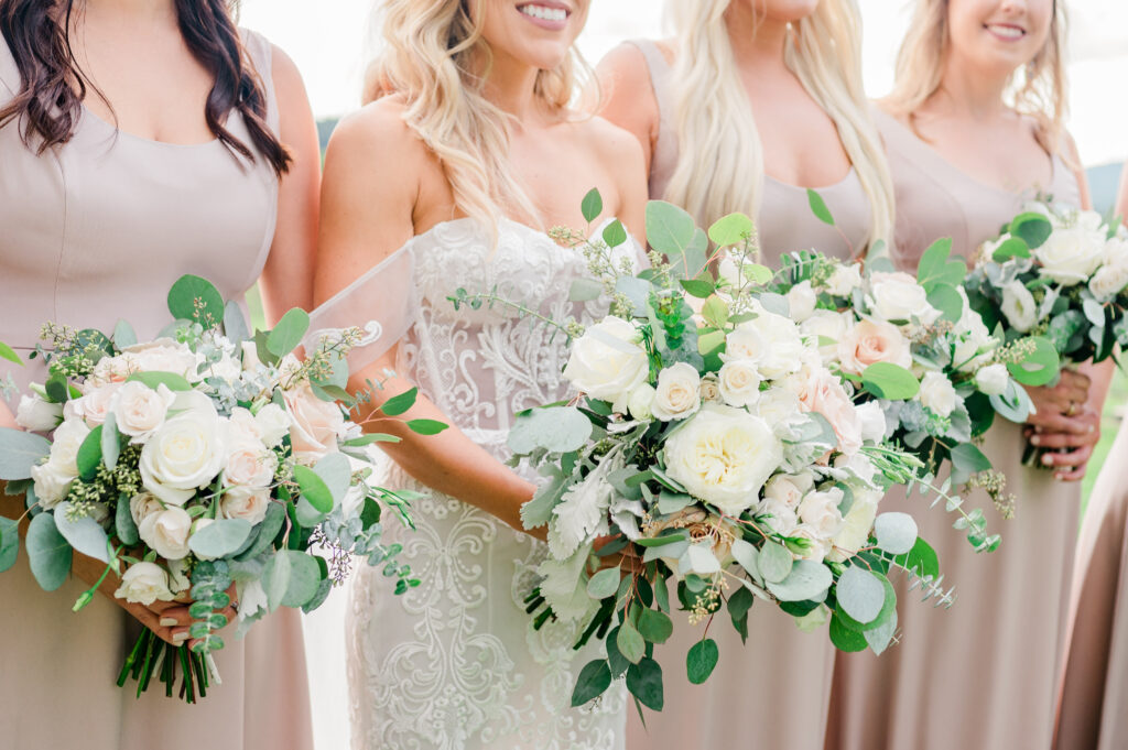 Eucalyptus, roses and peony floral wedding bouquets