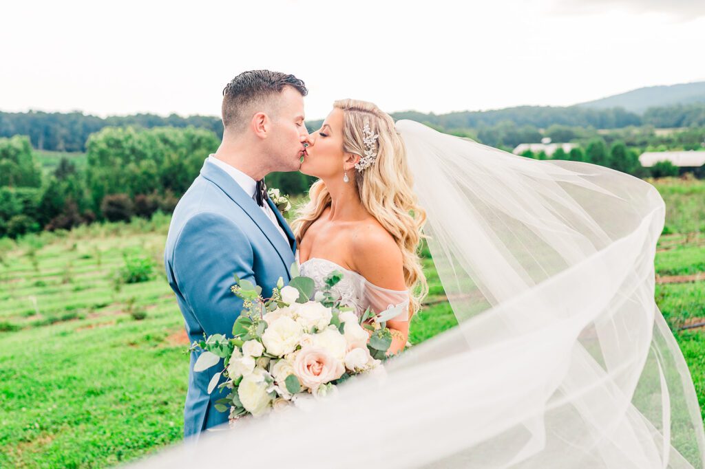 Bride and Grooms kissing with veil blowing in wind