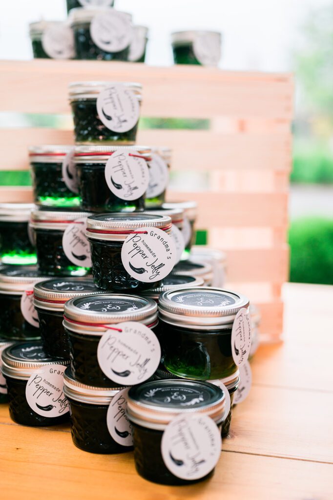 Grandma's pepper jelly wedding favors in mason jars