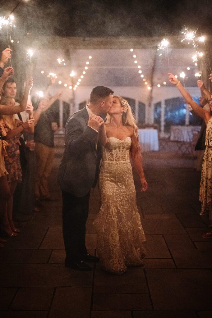 Bride and groom twirling in sparkler send off