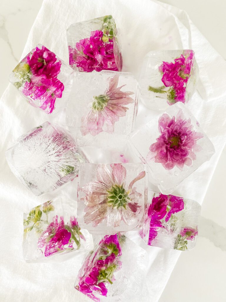 Flowers frozen inside ice cubes