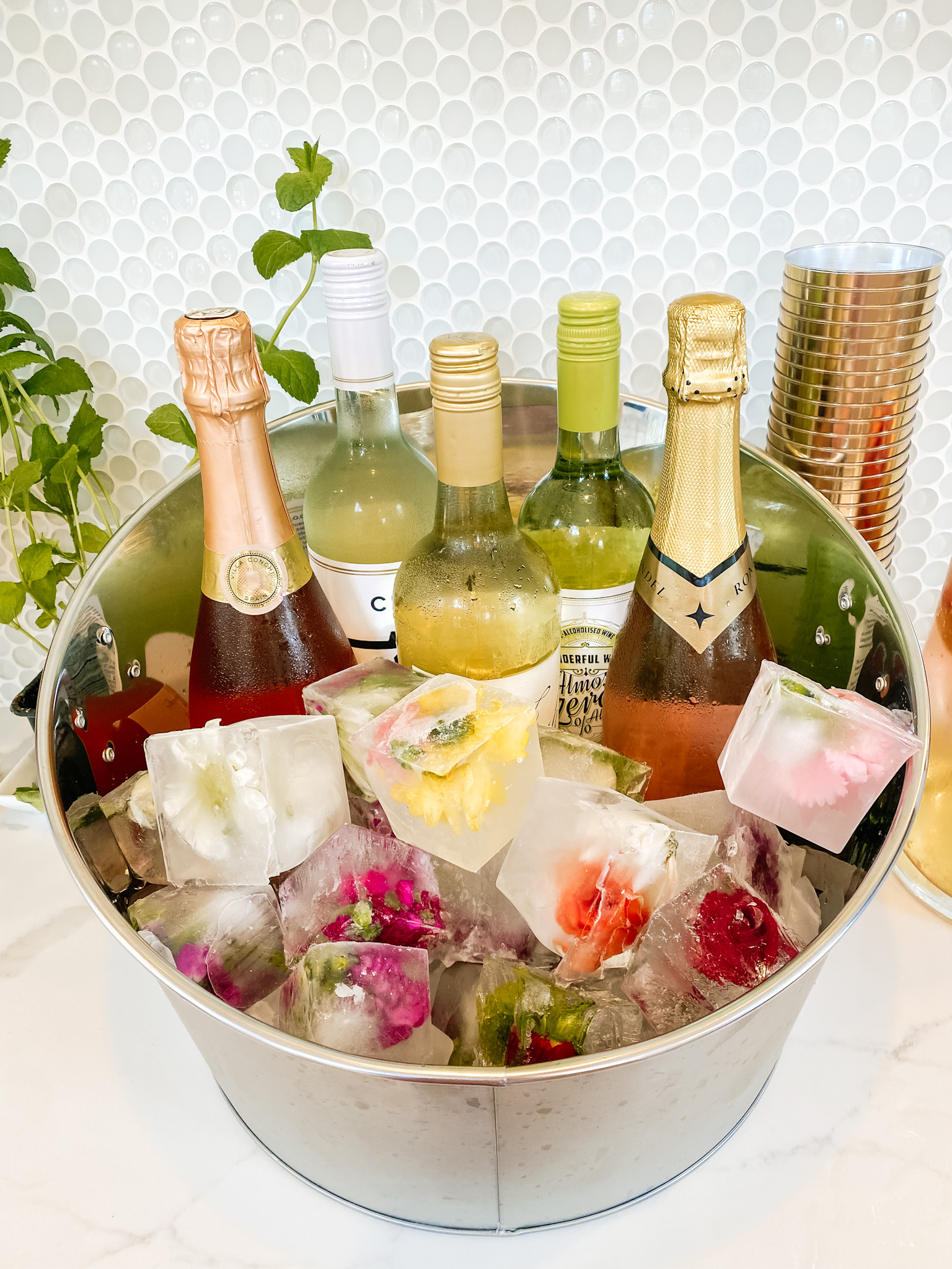 Champagne bucket with floral ice cubes