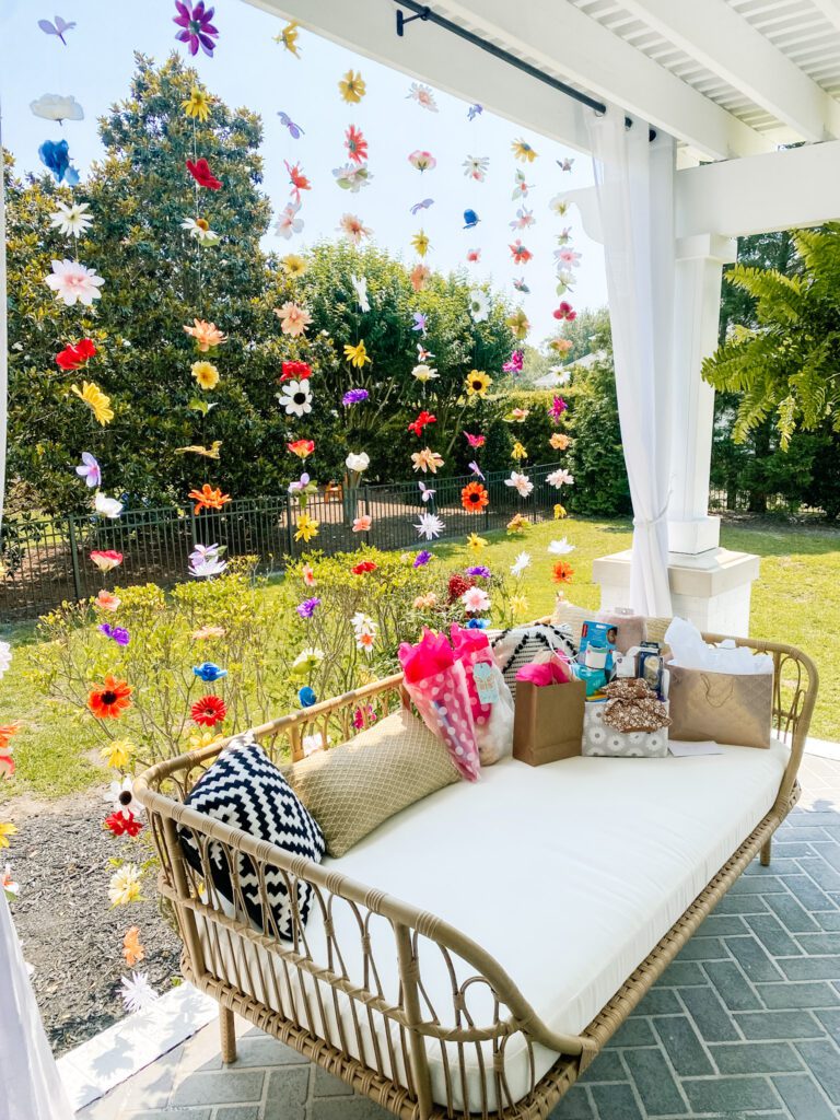 Wildflower hanging backdrop for baby shower