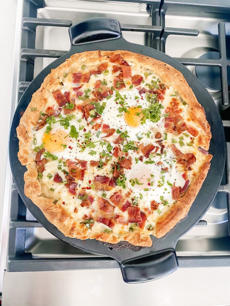 Breakfast Pizza with over easy eggs