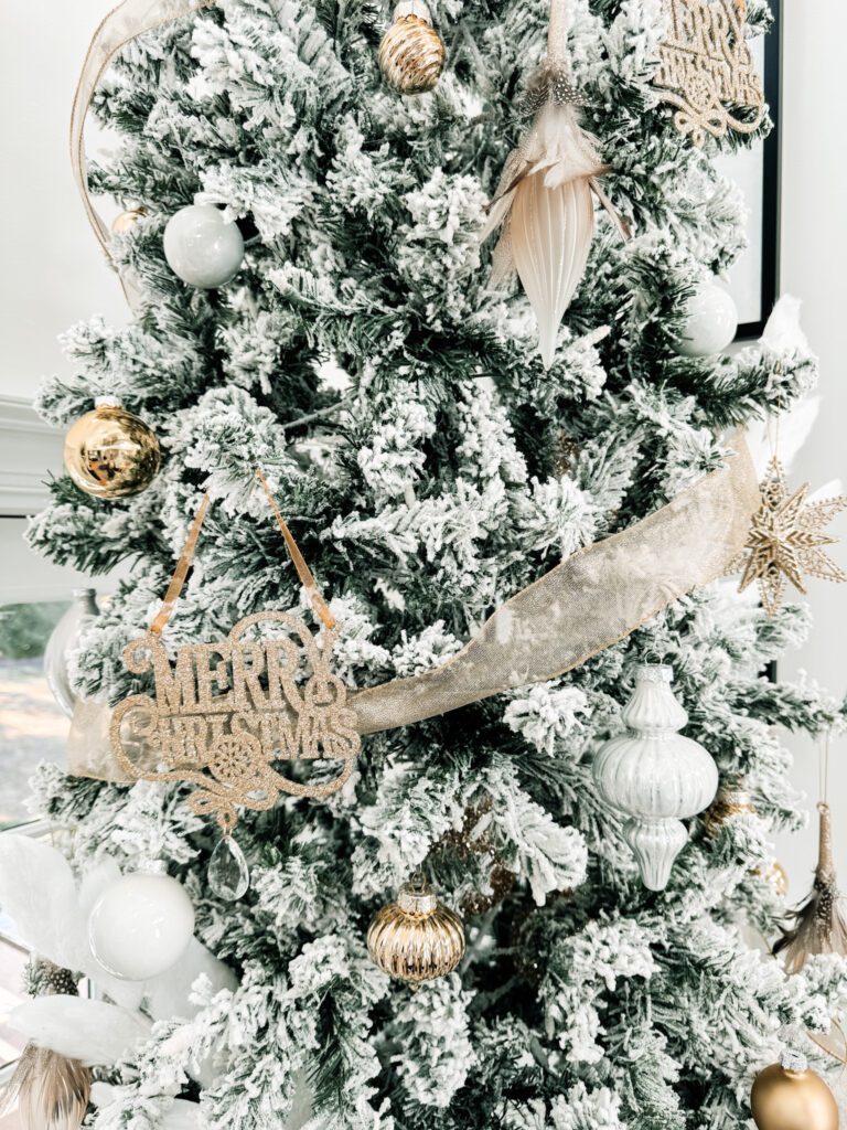 Glamorous white, gold, silver flocked Christmas tree decor