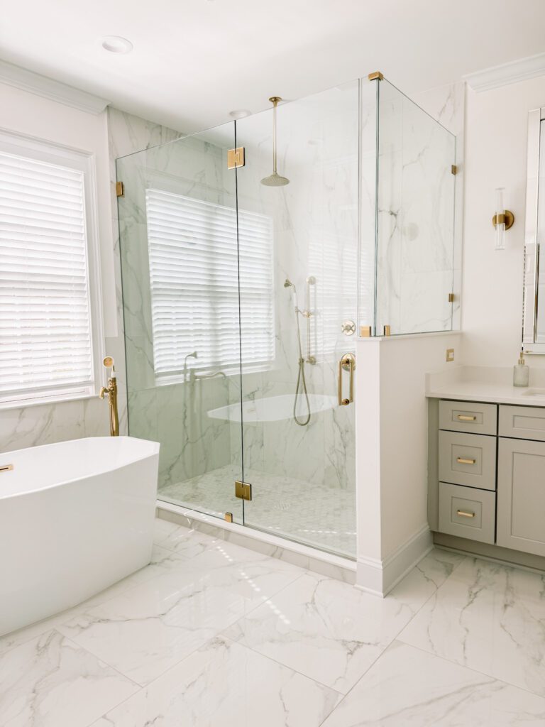 Modern Glam Luxury Bathroom Shower, Porcelain Tile and Polished Brass Vintage Shower Fixtures