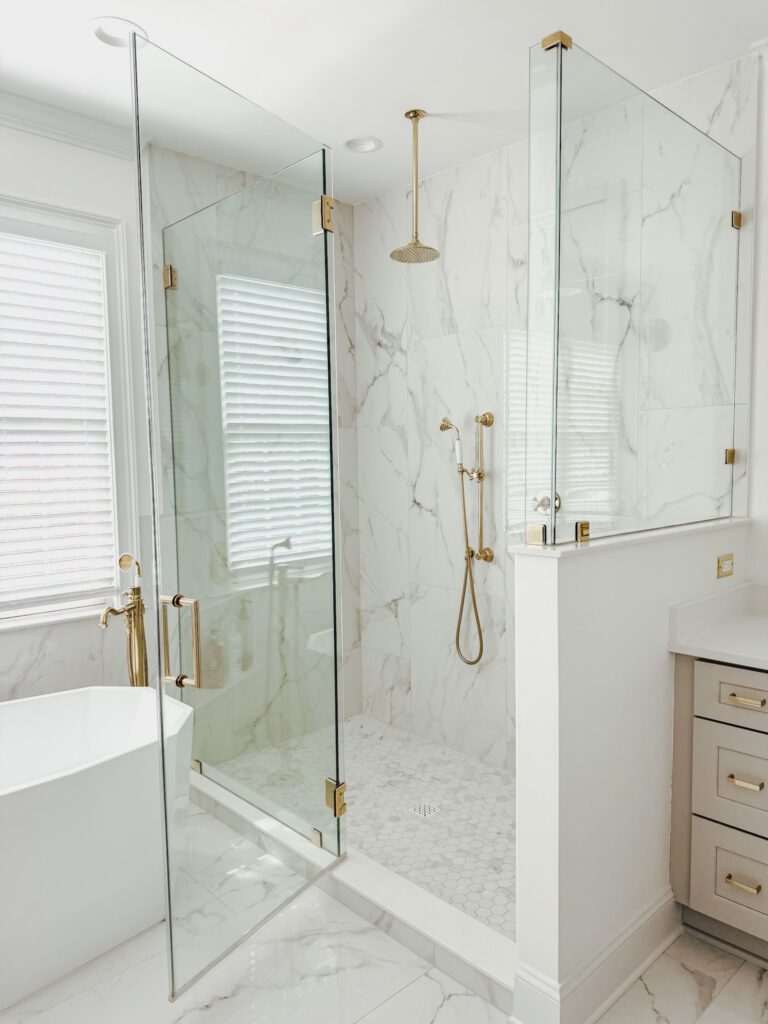 Modern Glam Luxury Bathroom Shower, Porcelain Tile and Polished Brass Vintage Shower Fixtures