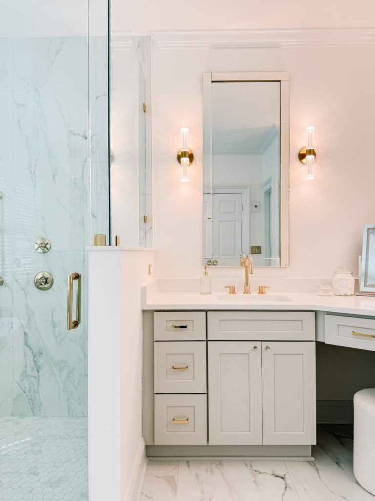 Modern Glam Luxury Bathroom Vanity, Sconces and Polished Brass Cabinet Hardware