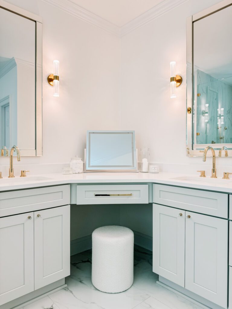 Simply White Bathroom Vanity Walls, Modern Glam Luxury Bathroom Makeup Vanity, Sconces and Polished Brass Cabinet Hardware
