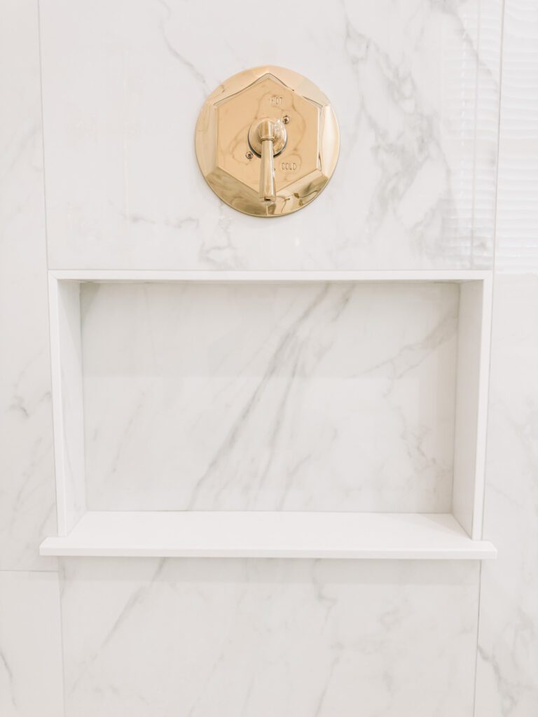 Modern Glam Luxury Bathroom Shower, Porcelain Tile, Large Hidden Shower Niche and Polished Brass Vintage Fixture hardware