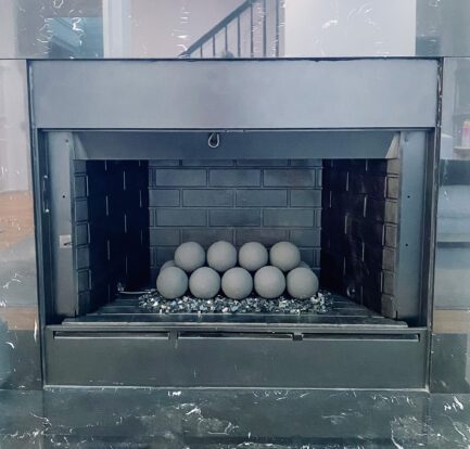 Painted Fireplace box with Modern Gas Fire Balls and Fire Glass