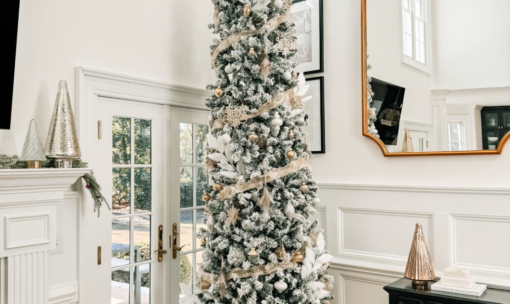 Glamorous, white, gold and silver extra tall Christmas tree