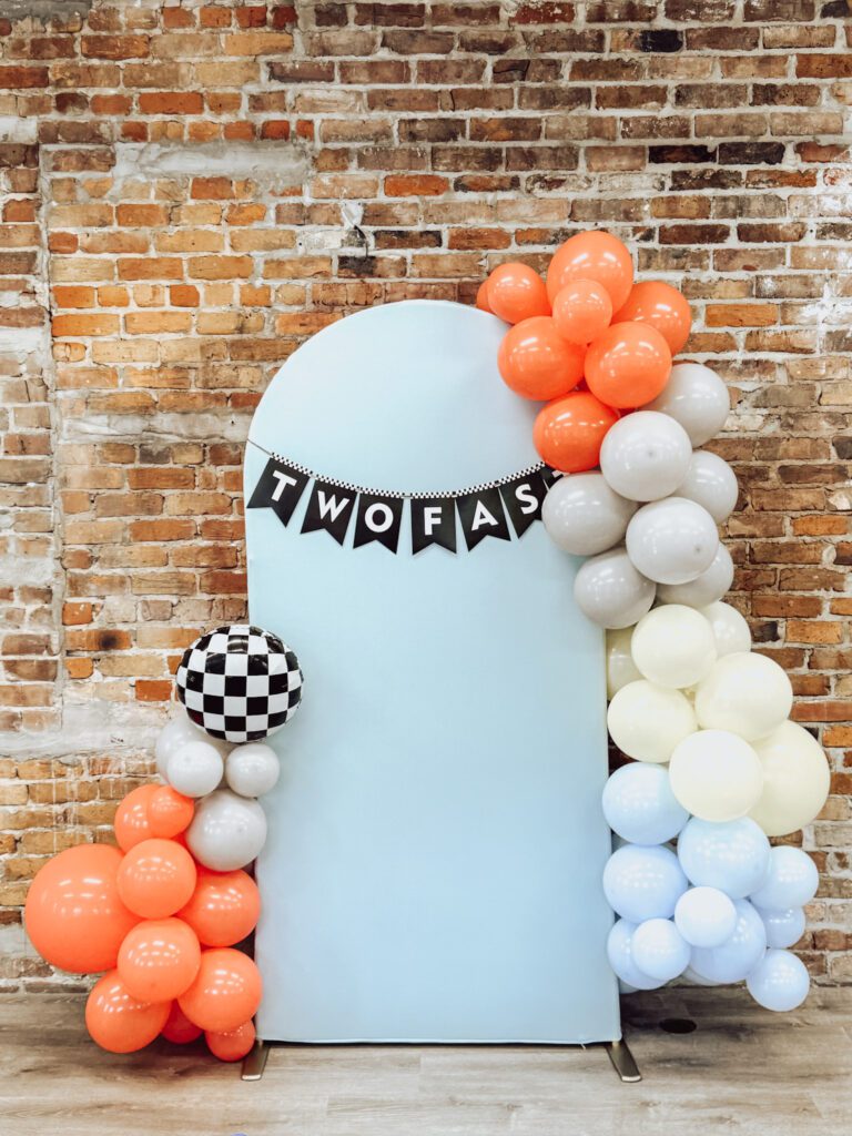 Two Fast Two Curious Birthday party Birthday Boy race car theme balloon arch