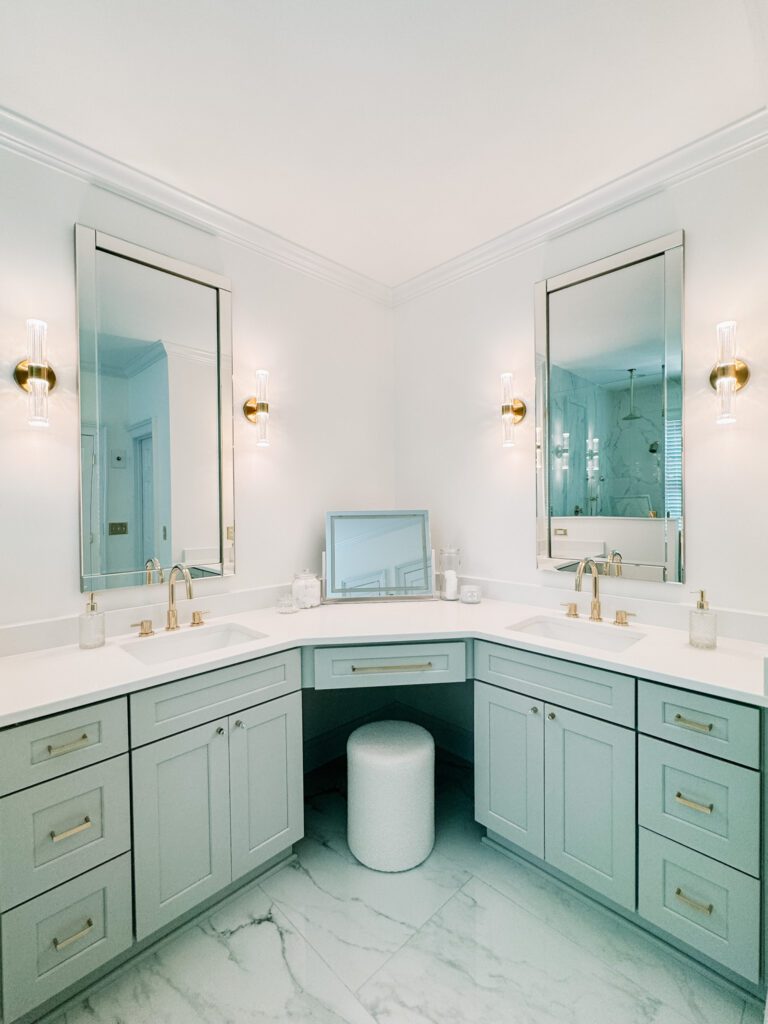 Modern Glam Luxury Bathroom Makeup Vanity, Sconces and Polished Brass Cabinet Hardware
