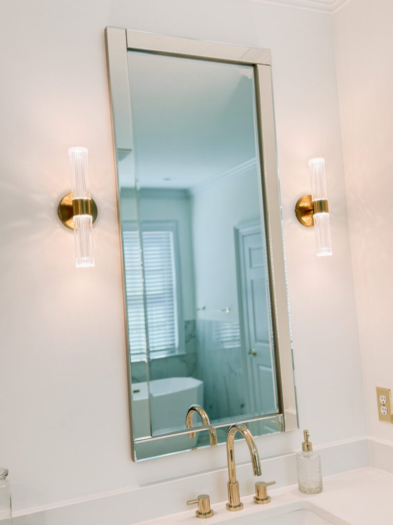 Modern Glam Luxury Bathroom Vertical mirror and modern brass sconces
